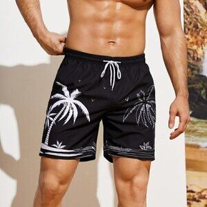 Black Vacation Style Men's Palm Tree Print Swim Trunks